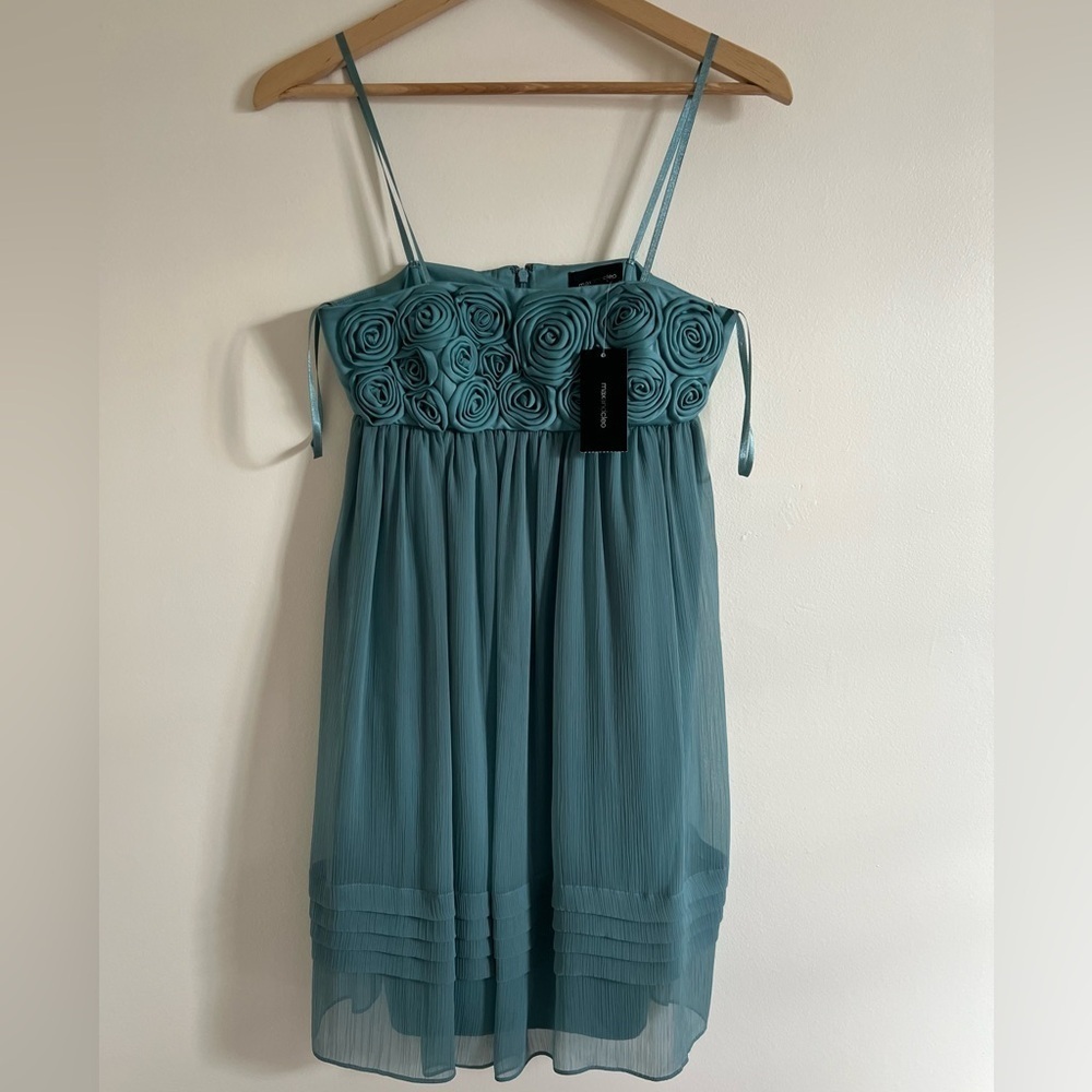 Max and Cleo Women Cocktail Dress size 4 Teal Chiffon Rosette‎ Silk Pintuck NEW